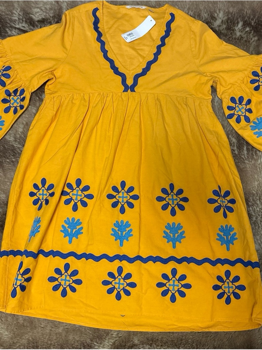 Soft Surroundings Yellow Embroidered Midi Dress with Blue Accents